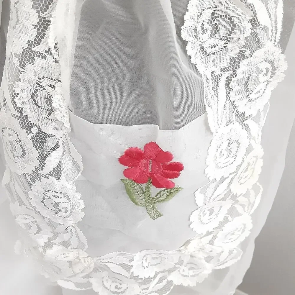 Vintage 1950s Nylon Organdy Sheer Tie Waist Apron Embroidered Lace Farmhouse